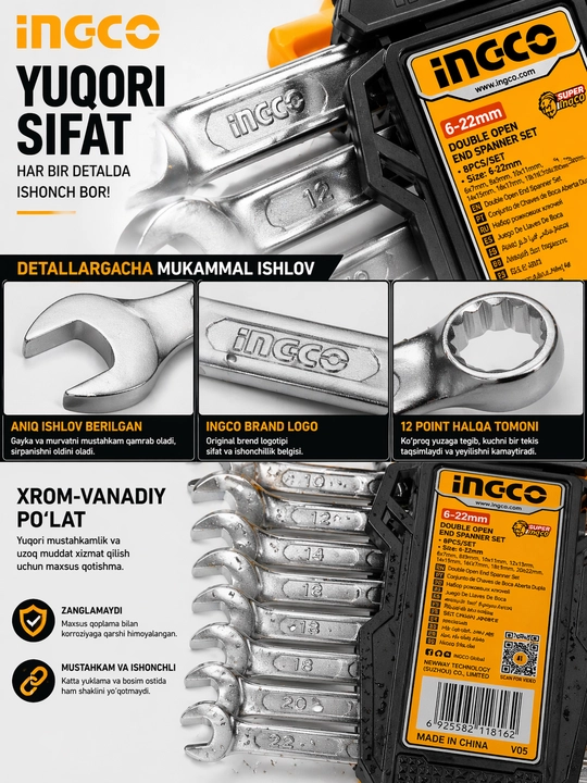 INGCO ochiq kalitlar to‘plami, 6-22 mm, 8 dona, professional asboblar seti