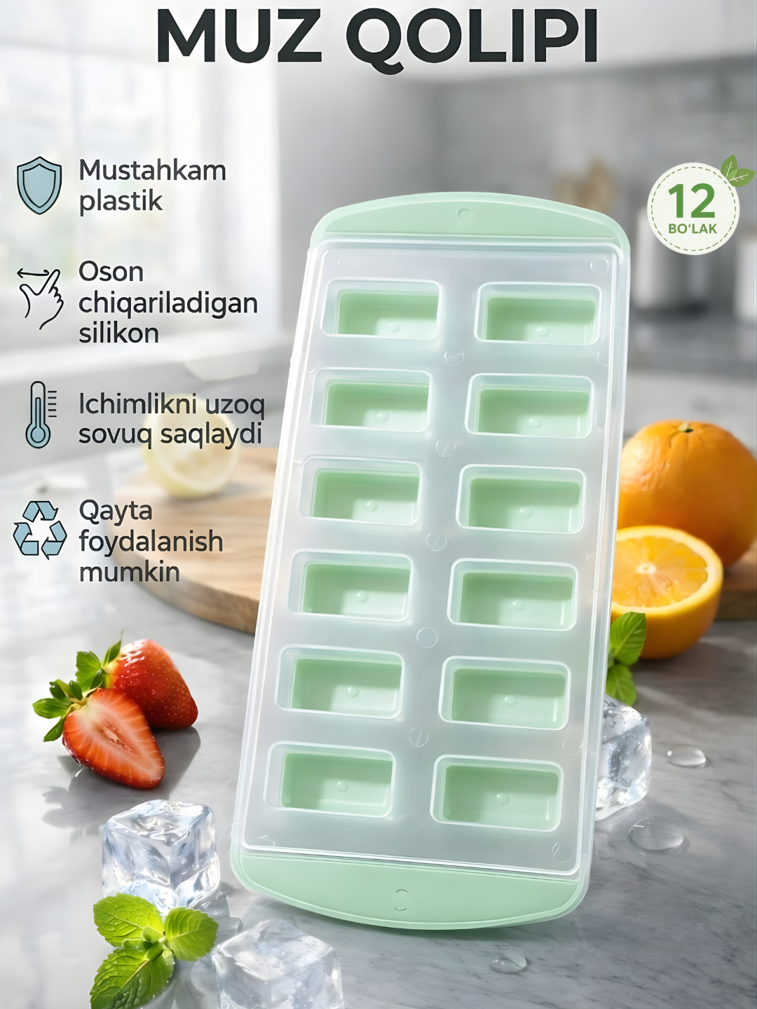 Muz uchun qolip, silikon va plastmassadan, yarim shar shaklida muz, kub shaklidagi muz - 