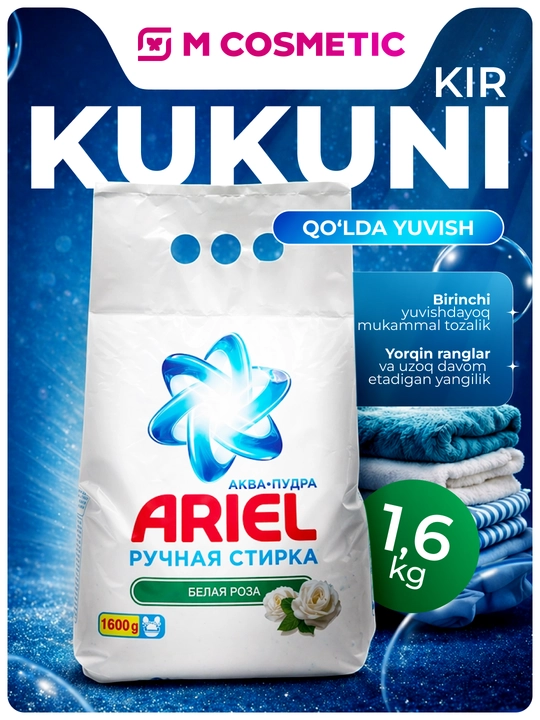 ARIEL qo‘l yuvish uchun kir yuvish kukuni Oq atirgul, 1,6 kg