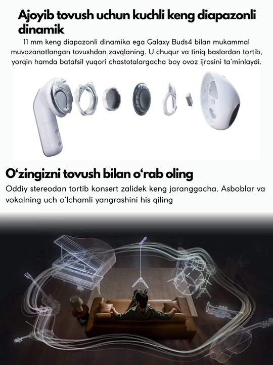 Samsung Galaxy Buds4  беспроводные наушники с AI переводчика, 11-мм динамический woofer