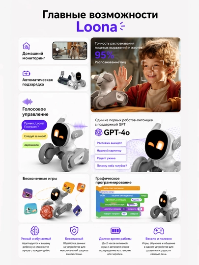 Loona Premium AI robot, ChatGPT, ovozli boshqaruv, HD kamera, Wi-Fi, quvvatlash stansiyasi 5