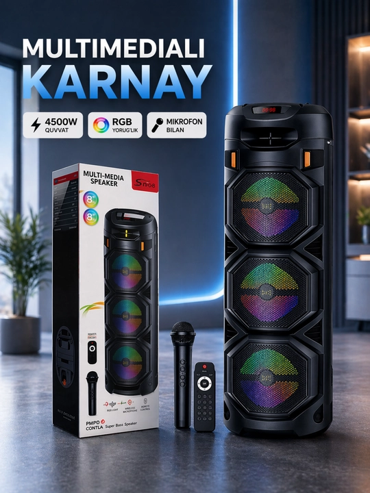 Bluetooth колонка 4500W RGB, с микрофоном, мощный бас, универсальная акустика - 