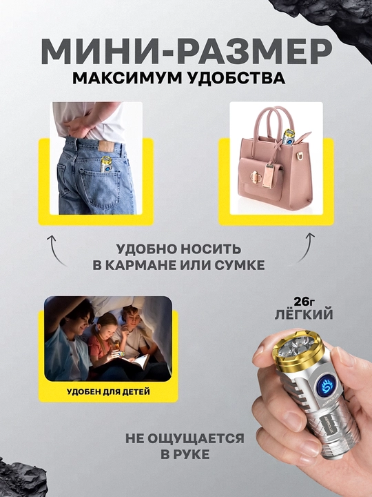 Kuchli svetodiodli mini fonar, 5 xil rejim, USB Type-C, 18350 akkumulyator, kumushrang