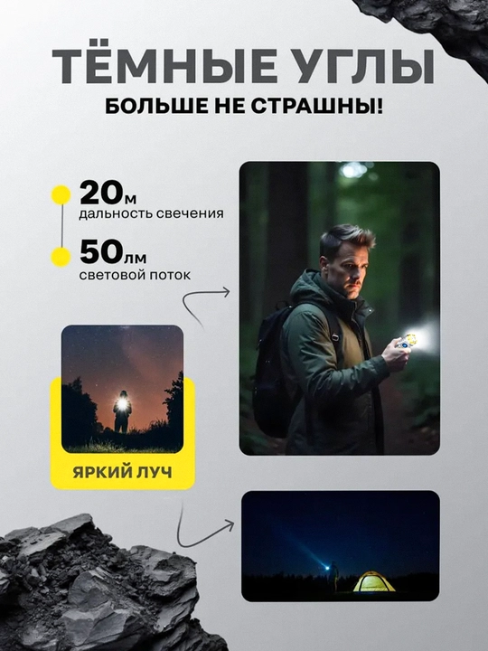 Kuchli svetodiodli mini fonar, 5 xil rejim, USB Type-C, 18350 akkumulyator, kumushrang