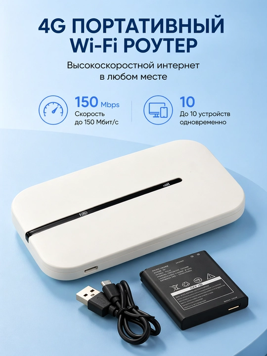Portativ 4G WiFi routeri 150 Mbps, akkumulyator 2100 mA/soat, 10 tagacha qurilma - 
