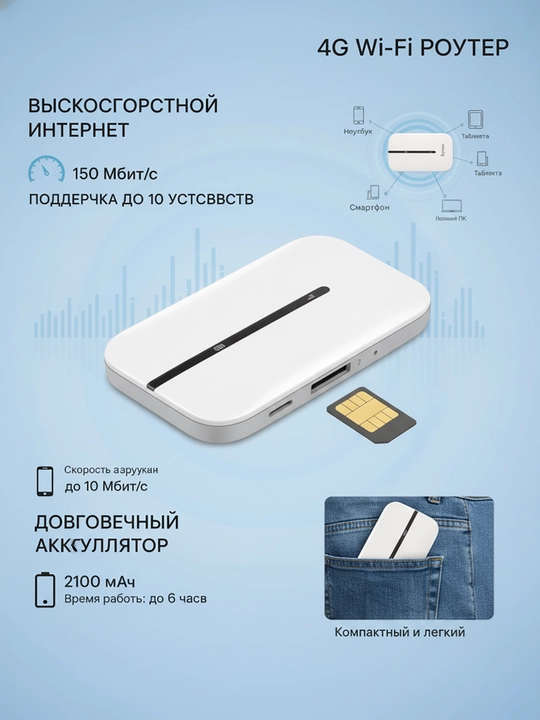 Portativ 4G WiFi routeri 150 Mbps, akkumulyator 2100 mA/soat, 10 tagacha qurilma