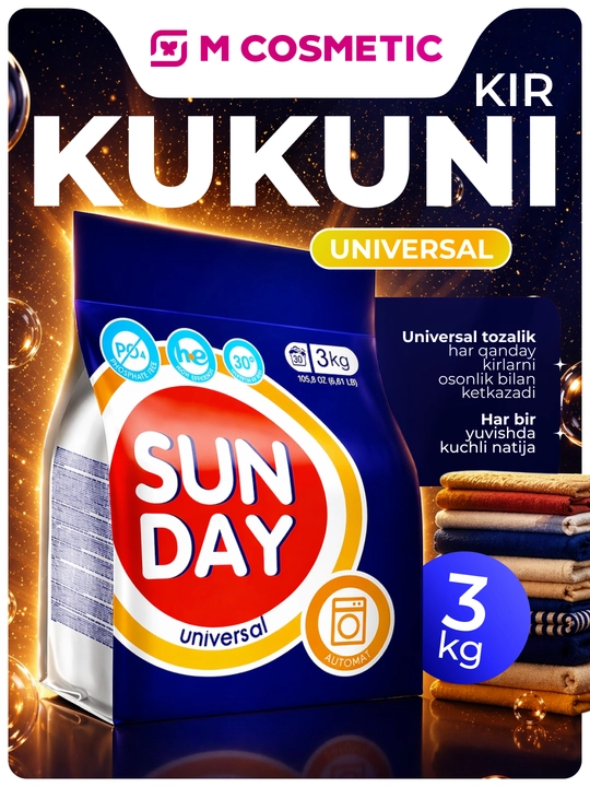 SUNDAY avtomatik kir yuvish vositasi universal, 3 kg