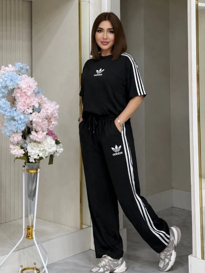 Женский летний спортивный костюм  ДВОЙКА, модель Adidas, черный, размеры 44-52
