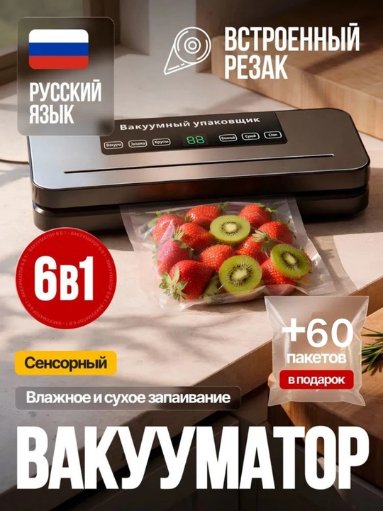 Вакууматор — вакуумный упаковщик продуктов, + 60 пакетов, машина для вакуумной упаковки - 
