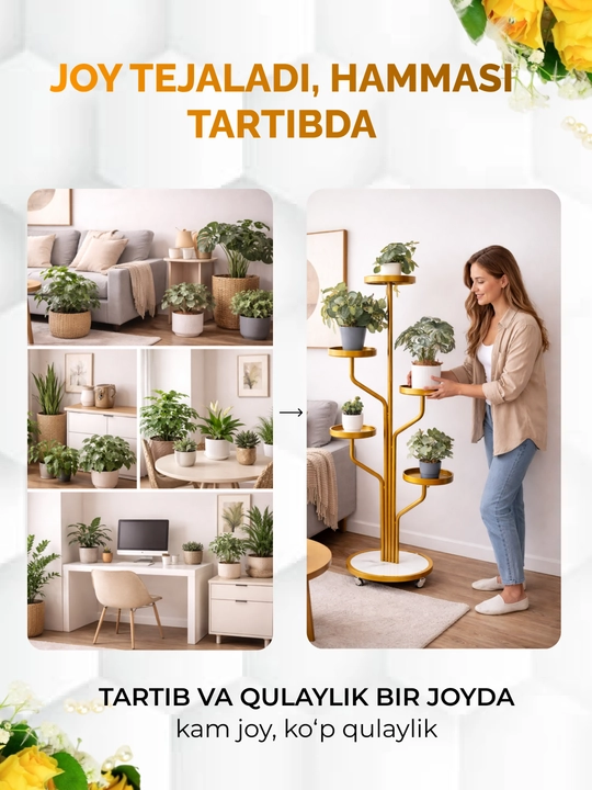 Gullar uchun ko‘p qavatli tokcha, 5–7 qavatli, MDF material, g‘ildirakli