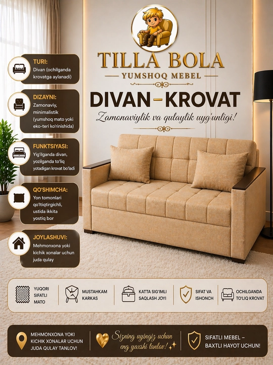 "Yevroknishka" tortiladigan divan-karavot