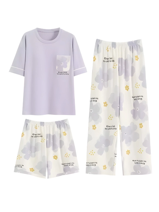 Ayollar uchun uch qismli pijama, 3v1, keng, o‘lchamlari M-3XL