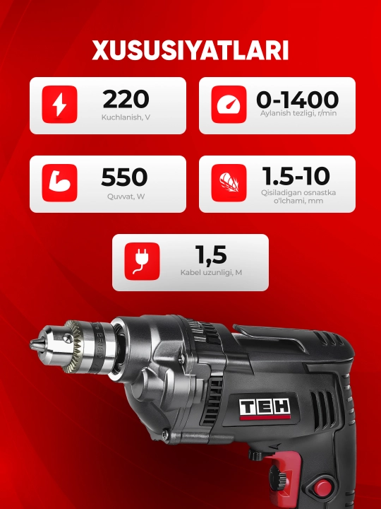 Elektrikli drel TEH TD1006T, tarmoqdan ishlaydi, sozlanadigan tezlik, 550 Vt, 1400 ob/min