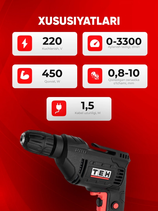 Elektr drel TEH TD1005 450 Vt, 3300 ayl/min, patron 1.5–10 mm