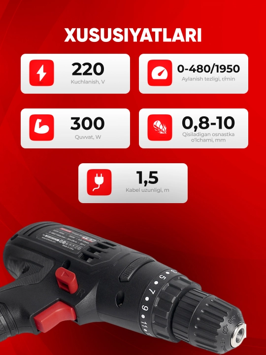 Elektr dreli TEH TD1003T 300 Vt, 800 ayl/min