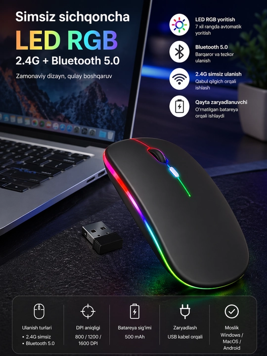 Беспроводная RGB мышь с 2.4G и Bluetooth 5.0, современная и удобная - 