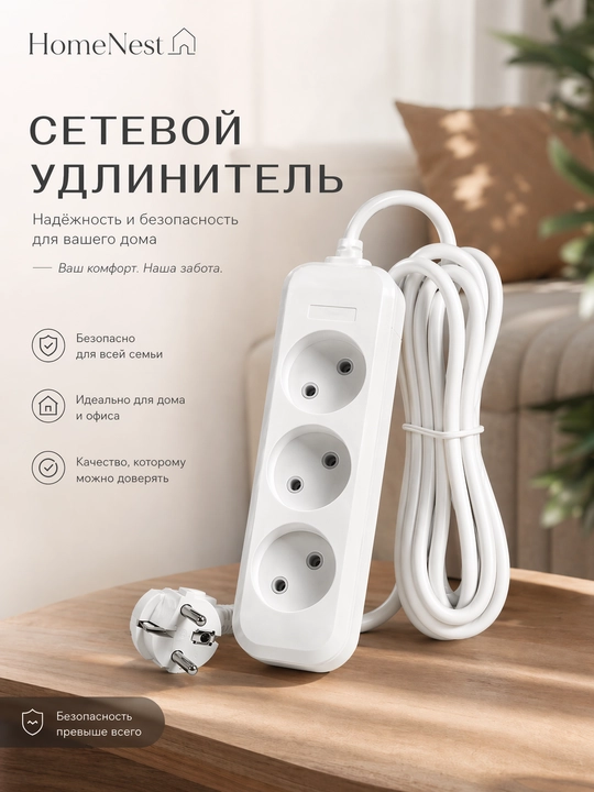 Сетевой удлинитель 3 розетки с заземлением для дома и офиса - 