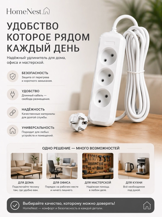 Сетевой удлинитель 3 розетки с заземлением для дома и офиса