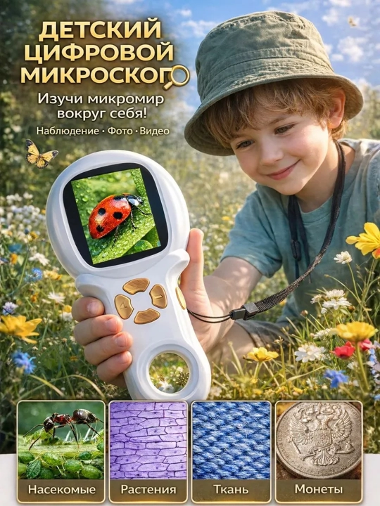 2,0 dyuymli ekran, foto va video imkoniyatlari, LED yoritgichli bolalar uchun 500x raqamli mikroskop.
