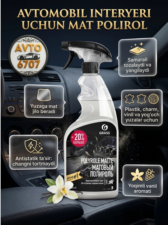 Полироль для пластика матовый Grass Polyrole Matte 600мл, антистатик, ваниль - 