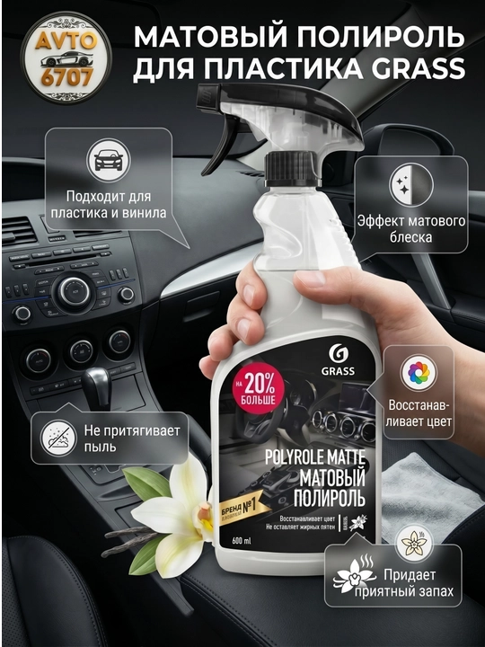 Полироль для пластика матовый Grass Polyrole Matte 600мл, антистатик, ваниль