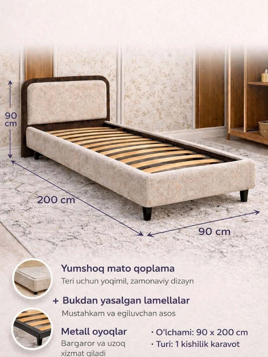 Bir kishilik karavot 90x200 sm, yumshoq qoplamali zamonaviy dizayn - 