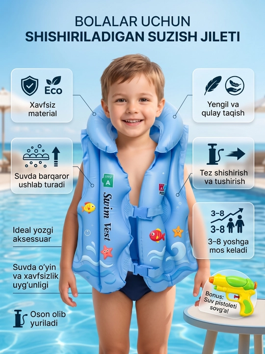 Bolalar uchun qutqaruv jileti suzish uchun 40 50 60 o‘lcham xavfsiz swim vest - 