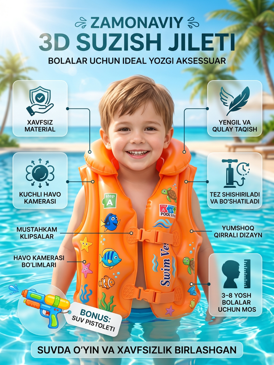 Bolalar uchun qutqaruv jileti suzish uchun 40 50 60 o‘lcham xavfsiz swim vest - 