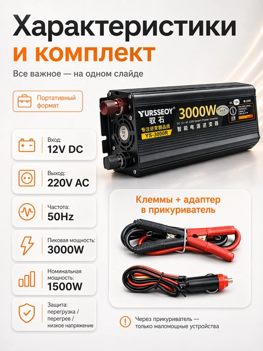 Инвертор автомобильный 12V – 220V, Мощность 3000W пиковая, 1500W номинальная 