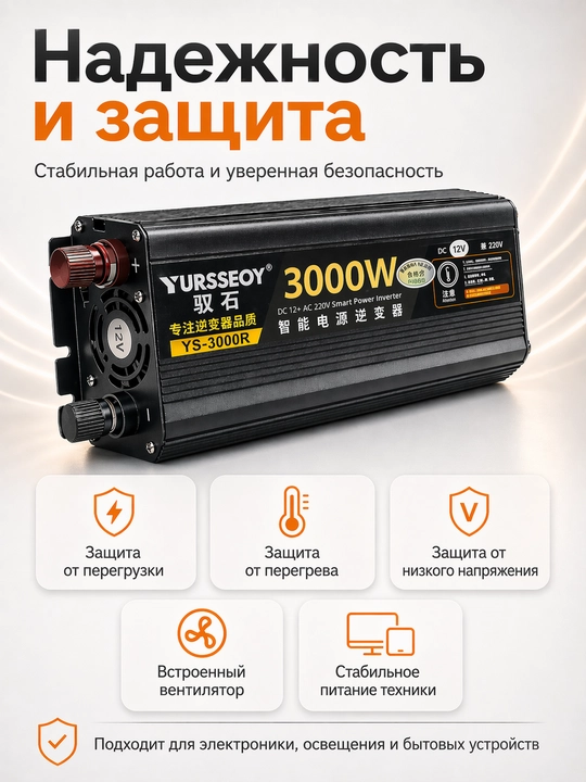 Инвертор автомобильный 12V – 220V, Мощность 3000W пиковая, 1500W номинальная 