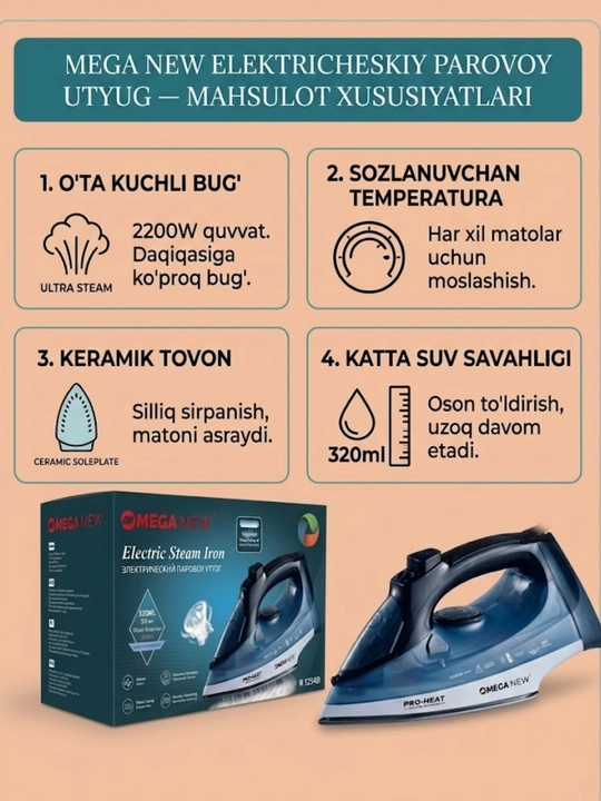 Bug‘li dazmol MEGA NEW R.1234B, keramik taglik, 2200 Vt