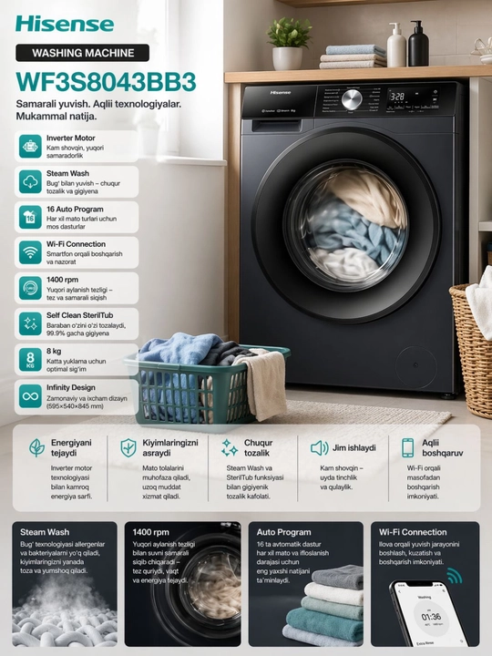 Hisense WF3S8043BB3 — современная стиральная машина премиального класса