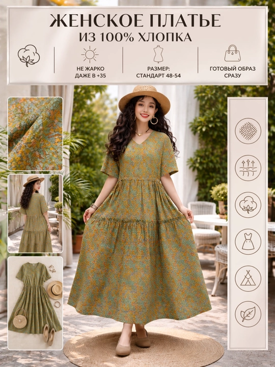 Ayollar ko‘ylagi uzun maksi 100% paxta yozgi keng oversize boho print yengil koylak 48-54
