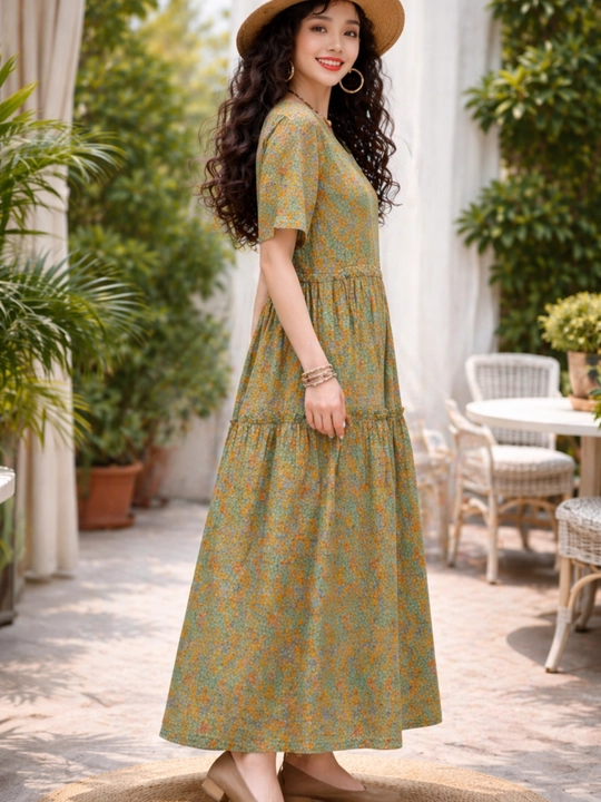 Ayollar ko‘ylagi uzun maksi 100% paxta yozgi keng oversize boho print yengil koylak 48-54