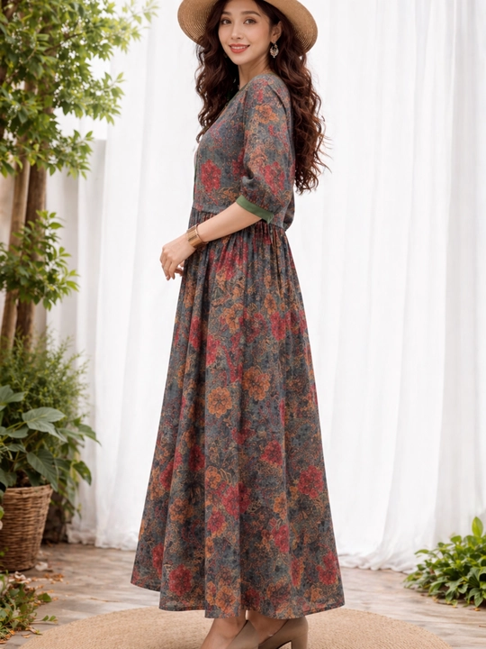 Ayollar ko‘ylagi uzun maksi 100% paxta yozgi keng oversize boho print yengil koylak 48-54