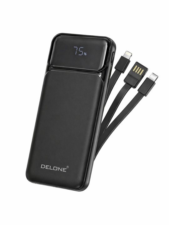 Delone Power Bank 10000mAh – 22.5W, 3-в-1 кабель, LED дисплей