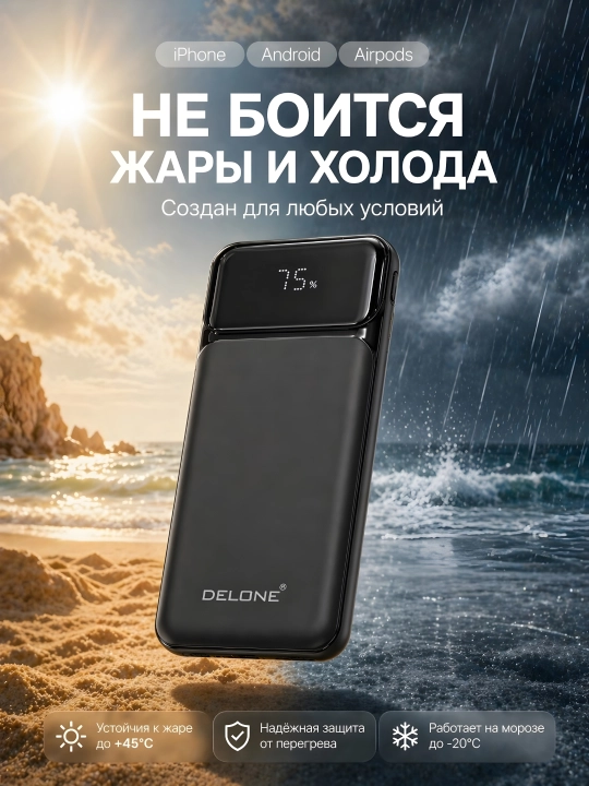 Delone Power Bank 10000mAh – 22.5W, 3-в-1 кабель, LED дисплей