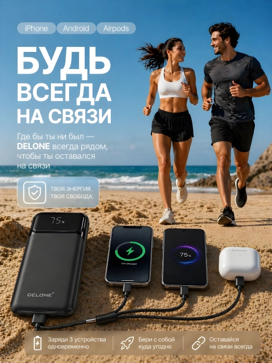 Delone Power Bank 10000mAh – 22.5W, 3-в-1 кабель, LED дисплей