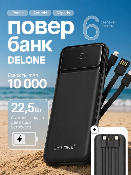 Delone Power Bank 10000mAh – 22.5W, 3-в-1 кабель, LED дисплей