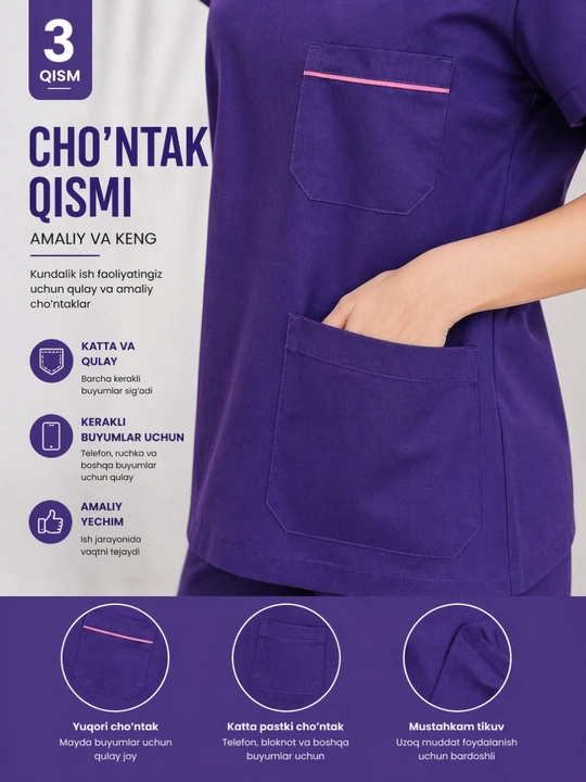 Mediklar uchun zamonaviy skrab kostyum (ayollar uchun) – qulay, sifatli va chiroyli dizayn