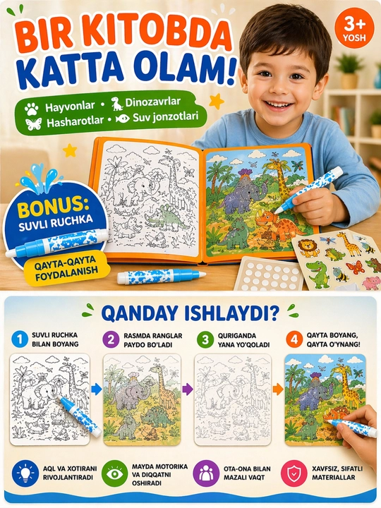 Развивающая книга для детей, водная раскраска, многоразовая, 3+, 25x25 см