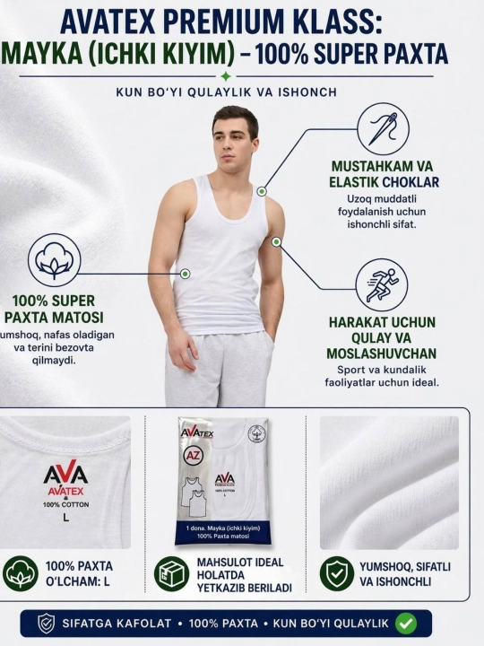Erkaklar uchun AVATEX premium майка 100% paxta, yumshoq va qulay