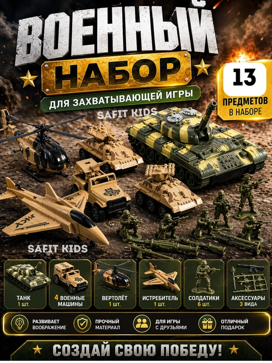 Harbiy o‘yinchoqlar to‘plami – tank, texnikalar, askarchalar va samolyotlar bilan set (3+) - 