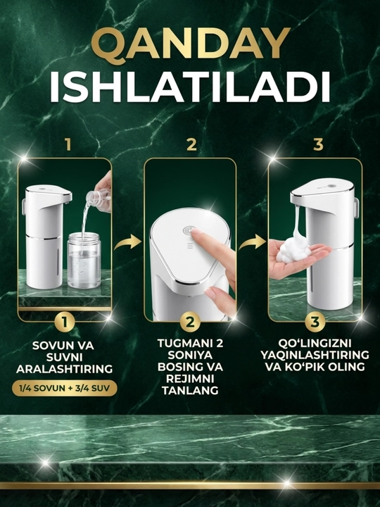 Suyuq sovun uchun sensorli avtomatik dozator ko'pikli, 350 ml, Type-C