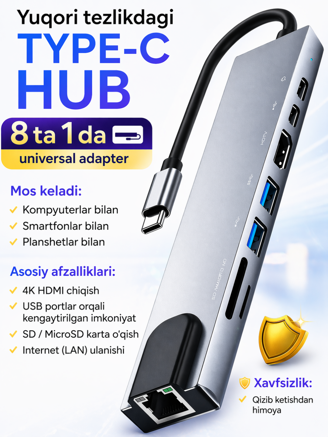 Type C HUB A+C — 8 portli universal adapter konsentrator, qulay o‘tkazgich - 