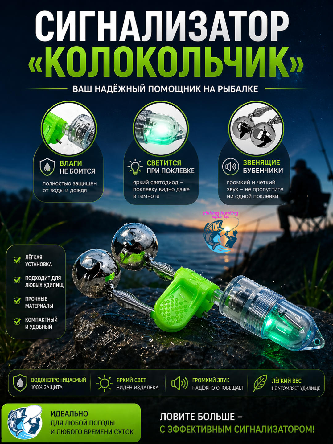 Колокольчик с сенсорной подсветкой, для удобной рыбалки в любое время суток - 