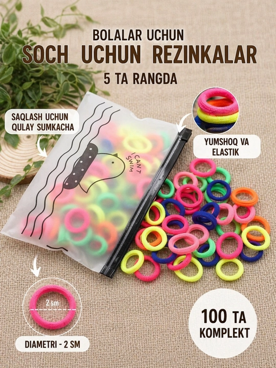 Qizlar uchun rezinkalar to'plami 5 xil rang, 100 dona - 