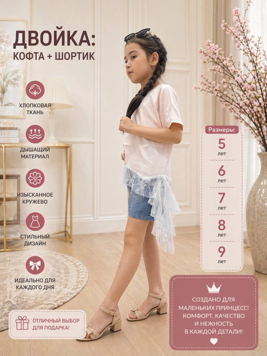 Летний комплект для девочки с бабочкой: футболка и шорты, кофта - юбка