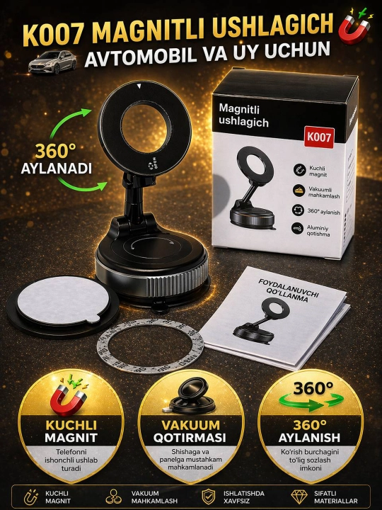 Avto va Uy uchun Magnit Ushlagich K007 – Vakuumli, 360° Moslashuvchan - 
