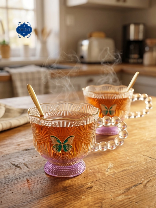 Choy va qahva uchun shisha krujka, bokal qoshiqchasi bilan, 2 dona va qoshiqcha bilan